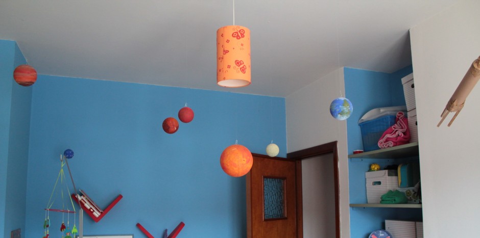Foto van vijf planeten en de zon in een kinderkamer.